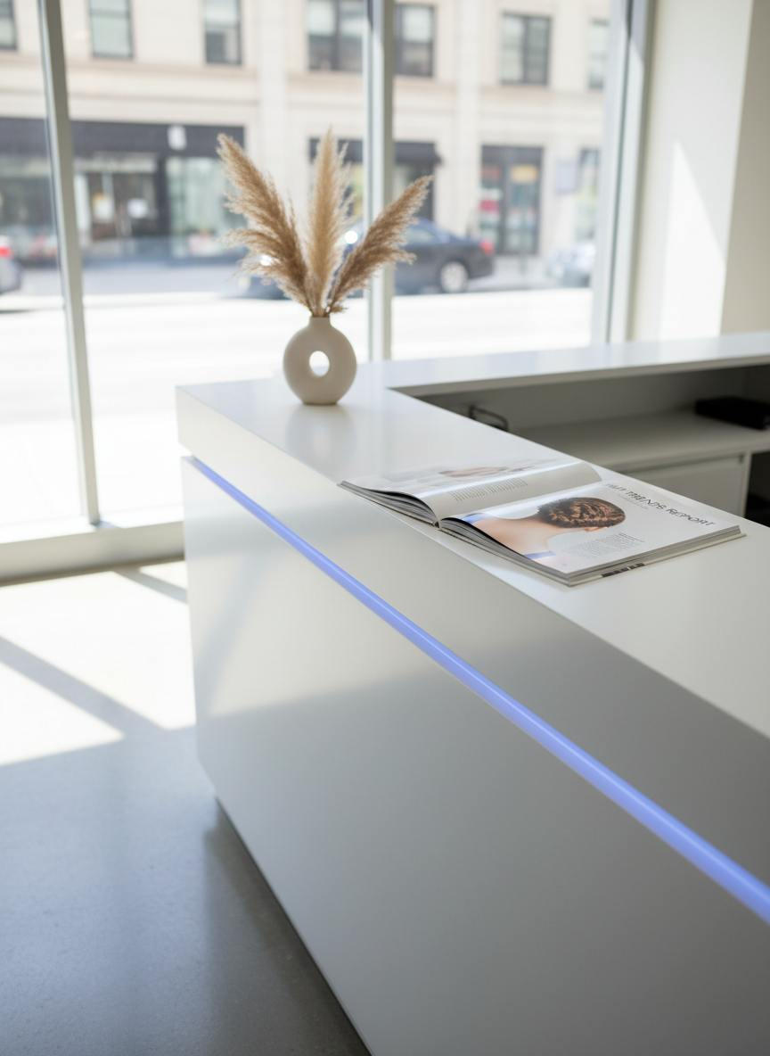 A minimalist, high-end salon reception desk made of matte white solid surface with a slim, integrated LED strip casting a cool glow along the front edge. On the counter, a single glossy fashion lookbook titled “Hair Trends Report” lies open to an image of an intricate braided updo viewed from behind, accompanied by neat columns of text. Beside it stands a small, sculptural vase holding dried pampas stems in muted beige. Large floor-to-ceiling windows behind the desk reveal an abstract blur of a city street, free of identifiable people. Natural daylight floods in, creating bright, airy illumination with soft, elongated shadows. Captured from a slightly low, wide-angle perspective, the image feels modern, editorial, and trustworthy—ideal for a professional hair fashion news site in clean photographic realism.