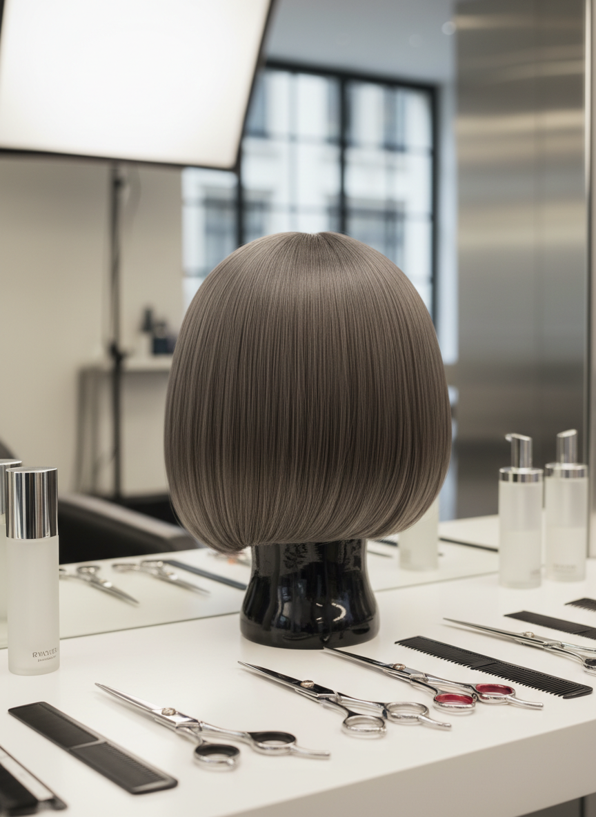 A glossy black mannequin head fitted with a sleek, precision-cut bob wig in cool ash brown, every strand perfectly aligned and slightly curved under at the ends. The mannequin rests on a clean white styling station in a modern salon, surrounded by neatly arranged chrome scissors, combs, and minimalist product bottles. Soft studio lighting from above and one side creates subtle highlights along the hair’s smooth surface and casts gentle, professional shadows. Captured at eye level with a shallow depth of field, the background fades into a soft blur of neutral tones. The mood is polished, editorial, and professional, emphasizing photographic realism and a clean, modern aesthetic suitable for a hair fashion news homepage hero image.