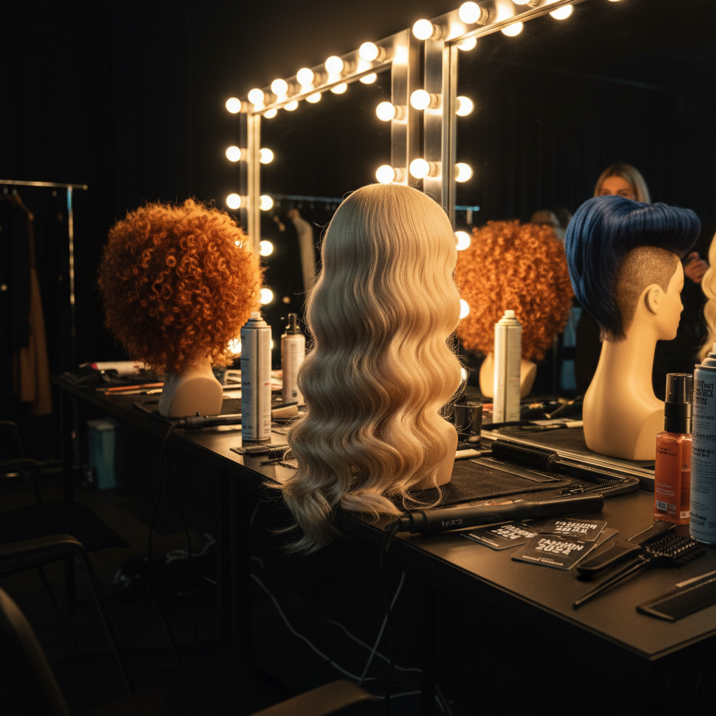 A professional backstage styling setup featuring a row of mannequin heads with diverse, high-fashion wigs: one with glossy platinum waves, another with a tight copper curl pattern, and a third with a dramatic midnight blue undercut. They are lined up on a long black worktable scattered with brushed-metal hair tools, texturizing sprays, and labeled backstage passes. Warm vanity bulbs frame a large mirror, casting golden, directional light that creates dramatic highlights on the hair textures and rich reflections on the mirror’s surface, while the background falls into subtle darkness. Captured at a three-quarter angle with selective focus on the central mannequin, the scene feels dynamic yet organized. The atmosphere is energetic and editorial, embodying the buzz of fashion week hair trend coverage in a photographic, cinematic style.