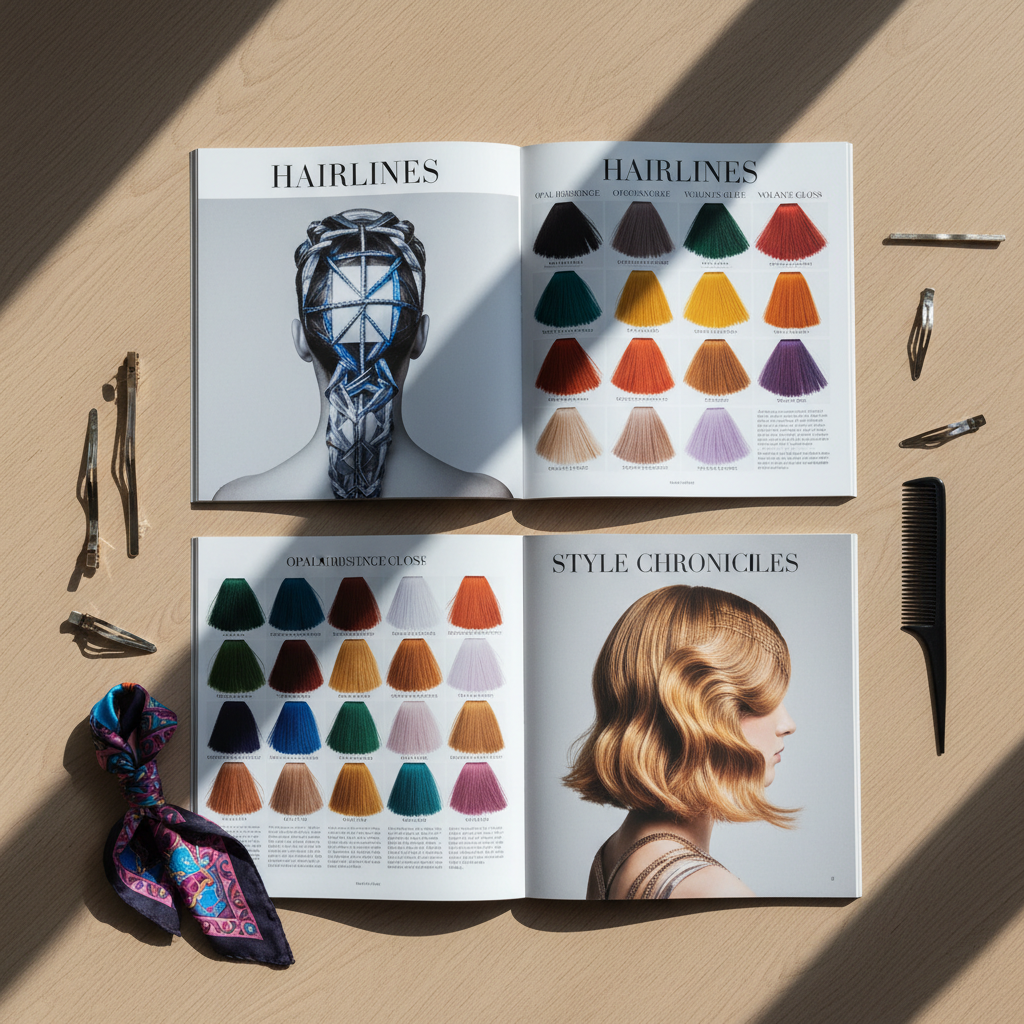 A meticulously styled flat lay of fashion magazine mockups opened to full-page spreads of hair trend editorials, placed on a light oak table. The pages showcase close-up images of avant-garde hairstyles, hair-color swatches, and runway-inspired looks, all clearly printed yet without showing actual faces, only hair from the back or side-cropped. Metallic hair clips, a sleek black comb, and a folded silk scarf in jewel tones are arranged carefully around the magazines. Soft morning window light falls diagonally across the scene, creating crisp yet gentle shadows and slight paper texture highlights. Shot from directly overhead with sharp focus, the composition follows a rule-of-thirds layout. The mood is informed and aspirational, conveying a professional newsroom researching global hair fashion trends in clean, photographic realism.