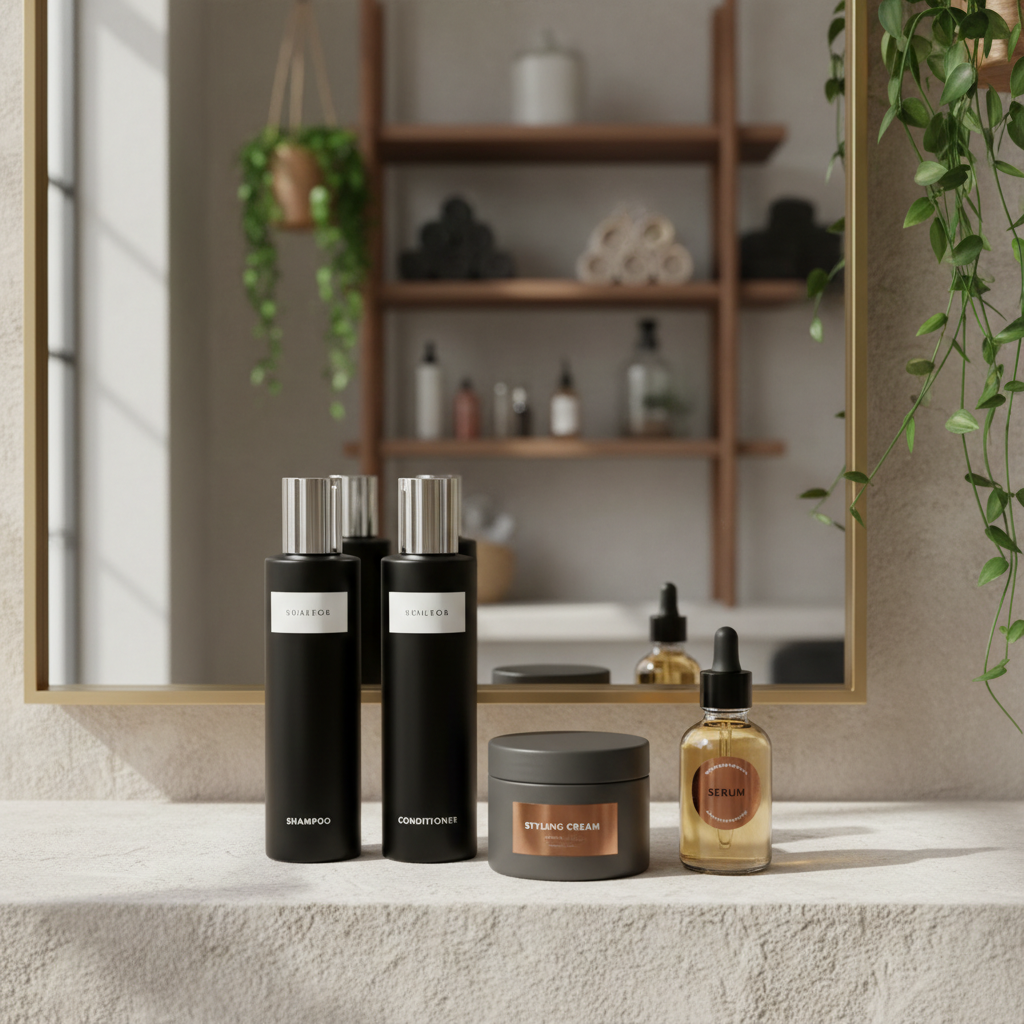 An array of premium haircare products—sleek shampoo and conditioner bottles, a glass serum dropper, and a matte-finish styling cream jar—arranged in a precise, geometric layout on a pale stone surface. Each container features minimalist labels in monochrome and muted metallics. A large rectangular mirror in the background reflects softly blurred salon shelving and hanging plants without revealing any people. Diffused overcast window light washes across the scene from the left, creating soft reflections on the packaging and subtle shadows along the stone texture. Shot from a slightly elevated angle with sharp focus throughout, the composition feels like a high-end editorial product spread. The mood is sophisticated and informative, perfect for news coverage of new haircare launches in photographic realism.